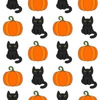 patrón sin costuras de dibujos animados de halloween. gato negro, calabaza naranja vector