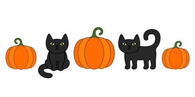 Halloween border with black cats and pumpkins. Black cat in witch hat. vector