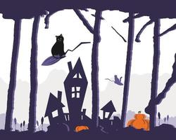 Happy Halloween banner. Background with pumpkin and cat and magic forest. Vector illustration.