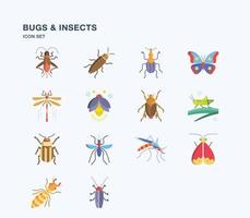 conjunto de iconos planos de bichos e insectos vector