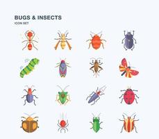 conjunto de iconos planos de bichos e insectos vector