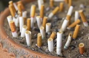 colillas de cigarrillos en el basurero. foto