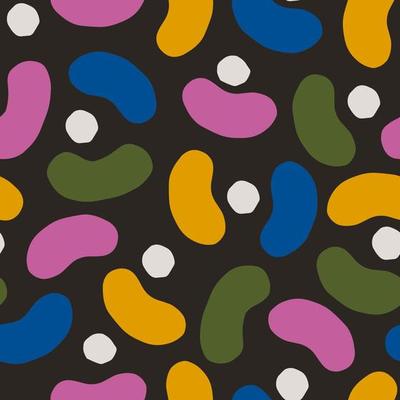 Beautiful seamless texture with abstract shapes. Vector pattern with geometric figures, dots and blobs. Abstract background with modern cutout shapes.