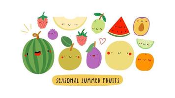 Cute illustration with Seasonal Summer Fruits on a white background. Smiley cartoon food characters - Watermelon, Raspberry, Plum, Asian Pear, Apricot, Melon, Lime. Healthy fruits banner. vector