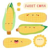 Super cute set - different hand drawn Sweet Corn. Seasonal Sweet Corn vegetable character with smiley face. Funny food illustration vector