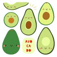 conjunto super lindo - aguacate dibujado a mano diferente. carácter de fruta de aguacate de temporada con cara sonriente. ilustración de comida divertida vector