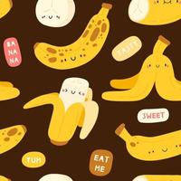 Seamless vector pattern with bananas characters and speech bubbles. Funny and cute food texture. Summer fruits background with hand drawn different bananas