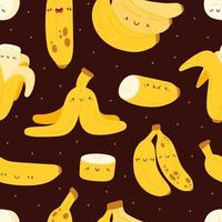 Cute seamless vector pattern with different bananas. Summer fruits texture on a black background