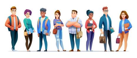 Young student characters set in cartoon style vector