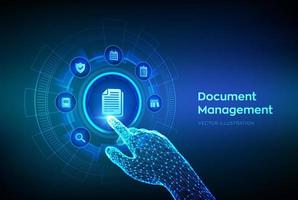 DMS. Document Management Data System. Corporate data management system. Privacy data protection. Business Internet Technology Concept. Robotic hand touching digital interface. Vector illustration.
