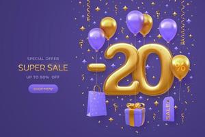 20 por ciento de descuento en el diseño de banner de venta de promoción con fondo morado. número realista de oro 3d 20 con bolsa de compras, etiqueta de precio, caja de regalo con lazo dorado, globos de helio voladores. ilustración vectorial vector