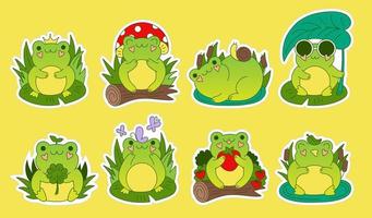 Vector set of cute cartoon frogs. Kawaii froggie sticker pack. Baby animals bundle. Cartoon characters for kids