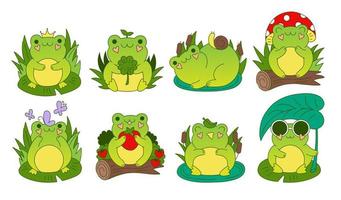 Vector set of cute cartoon frogs. Kawaii froggie pack. Baby animals bundle. Cartoon characters for kids flat illustrations isolated on white background