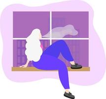 A girl with white hair is sitting on the windowsill and vaping smoking an electronic cigarette, floating. Flat vector illustration.