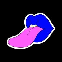 Psychedelic blue lips with a protruding tongue. vector