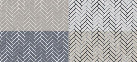 Herringbone tile patterns. Diagonal grey ceramic bricks backgrounds. Vector seamless illustrations set