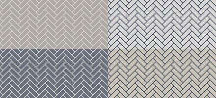 Herringbone tile patterns. Diagonal grey ceramic bricks backgrounds. Vector seamless illustrations set