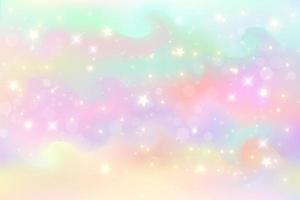Rainbow fantasy background. Holographic illustration in pastel colors. Bright multicolored sky with stars. Vector. vector