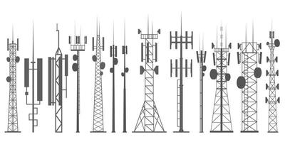 Mobile towers set. Internet network. Radio antennas and cellular communication constructions. Vector silhouette outline illustration.