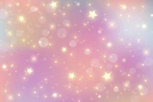 Rainbow fantasy background. Bright multicolored sky with stars and bokeh. Holographic illustration in pastel violet and pink colors. Cute cartoon girly wallpaper. Vector.