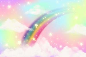 fondo de arco iris con nubes y chispas en estilo acuarela sobre fondo rosa. color pastel de fantasía. ilustración de dibujos animados de vector realista.