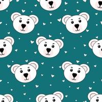 Seamless pattern with funny polar bear, snow, heart. vector