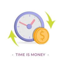 Clock with coins and text Time is money 3d vector concept design