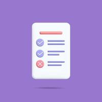 3d vector check list sheet of paper for efficiency work progress icon design. Paper document with tasks and check and cross mark symbol. Project plan, time management, exam blank, medical anamnesis