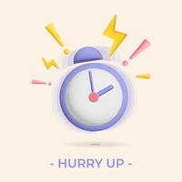 3d vector Hurry up symbol with violet ringing alarm clock icon with thunder lightning signs design. Deadline, sale, promotion, being late, morning, wake up, special offer countdown symbol, last minute