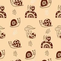 Seamless pattern with cute snails. Decorative snail characters on rainbow, under leaf and with flowers on light pink background. Vector Linear hand drawn doodle. Pattern with insects for design, decor