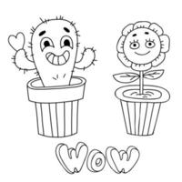 Funny character flowerpot. Groovy element funky flower power and cactus with heart in pot. Vector illustration retro style. Linear hand doodle. Comic element for design and decor, print, card.