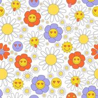 Retro Seamless nostalgia pattern with 70s, 80s, 90s vibes groovy elements. Stickers cartoon funky flower power, daisy flowers, chamomile, smile face. Vector illustration