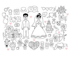 Wedding doodle set. Newlyweds, bride in wedding dress and groom, gifts and wedding rings, gender signs, wedding cake, brides bouquet, heart and rose. Isolated vector linear hand drawings