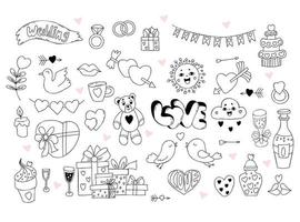 Set wedding and love doodles. Couple love birds with heart, gifts and wedding rings, cupids arrow, wedding cake, teddy bear toy, cute sun, cloud, champagne and glass. Isolated vector linear drawings.
