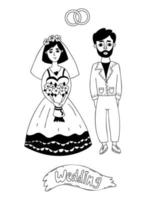 garabatos de boda. recién casados, novia con vestido de novia con velo, ramo y elegante novio y anillos de boda. ilustración vectorial dibujos a mano lineales aislados. para diseño, decoración y decoración de bodas. vector