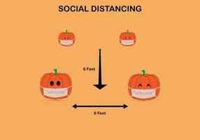 Vector illustration of pumpkins wearing face mask and keep social distancing.