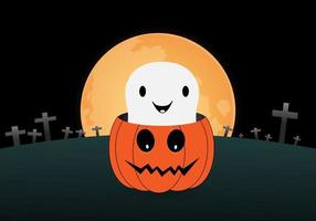 Cute ghost arising from pumpkin in cemetery vector