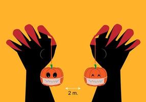 conceptos de la nueva normalidad de halloween. ilustración vectorial de calabazas y distanciamiento social vector