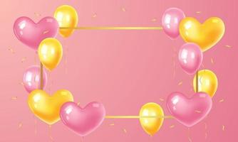 Abstract pink background with gold frame and realistic pink and yellow balloons. Banner with copy space. Birthday, wedding. Vector stock illustration.