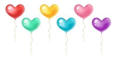 Set of realistic colored heart shaped balloons isolated on white background. For festive design birthday, wedding, valentine's day. Vector stock illustration.