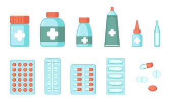 conjunto de drogas farmacéuticas aislado sobre fondo blanco. pastillas y viales. ilustración vectorial de stock en estilo plano. vector