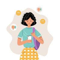 Cyberbullying concept. Sad schoolgirl or female student with smartphone. Vector stock illustration.