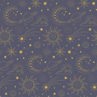 Outer space mystical seamless pattern in a linear style. Sun and moon, stars and planets in the blue sky. Vector stock illustration.