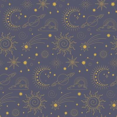 Outer space mystical seamless pattern in a linear style. Sun and moon, stars and planets in the blue sky. Vector stock illustration.