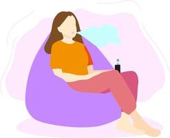 The girl is vaping while sitting in a bag chair. The vector illustration is highlighted on a white background.