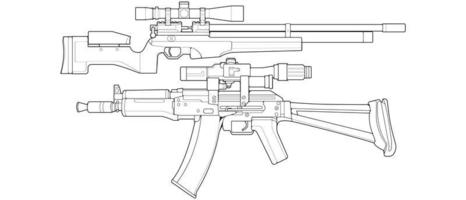 Set of firearms line art style, Shooting gun, Weapon illustration, Vector Line, Gun illustration, Modern Gun, Military concept, Pistol line art for training