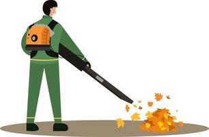 leaf blower worker vector illustration, cleaning street from leaf, worker with backpack leaf blower. flat illustration for web and icon