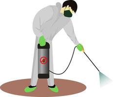 Pest Control vector graphic illustration, worker in protective suit spraying an insect, insect pump up sprayer