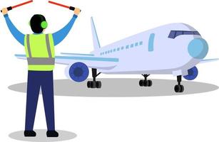 aircraft parking crew, flight coordinator guiding airplane, ground crew airport vector graphic illustration