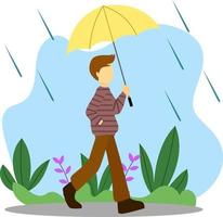 ilustración gráfica vectorial, día de lluvia, caminar bajo la lluvia, hombre con paraguas vector